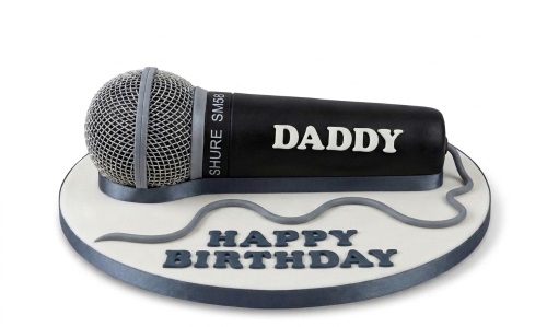 3D microphone shaped birthday cake with a custom message area