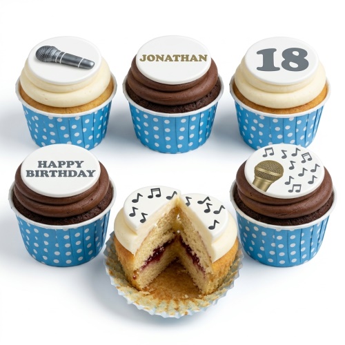 Six music-themed cupcakes with microphones, musical notes, and custom text.
