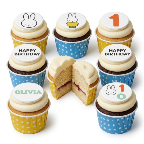 Assorted Miffy themed cupcakes with white frosting, some with custom age and personalised name toppers.
