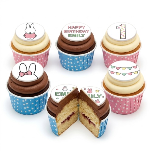 Miffy bunny cupcakes with custom age topper, personalised name example, and pastel bunting decorations on vanilla and chocolate frosting.