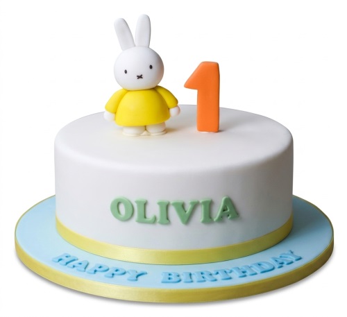 White round Miffy 1st birthday cake with orange custom age topper and personalised name.