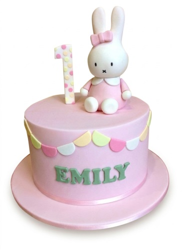 Pink Miffy rabbit birthday cake with a custom age topper and personalised name.