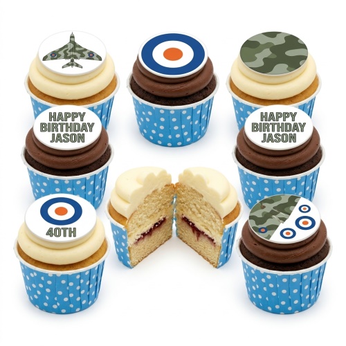 Cupcakes with RAF roundel, military jet, camouflage, and custom age/message toppers.