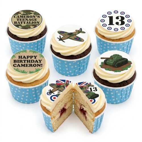 Military theme birthday cupcakes with edible toppers featuring planes, tanks, and camouflage patterns.