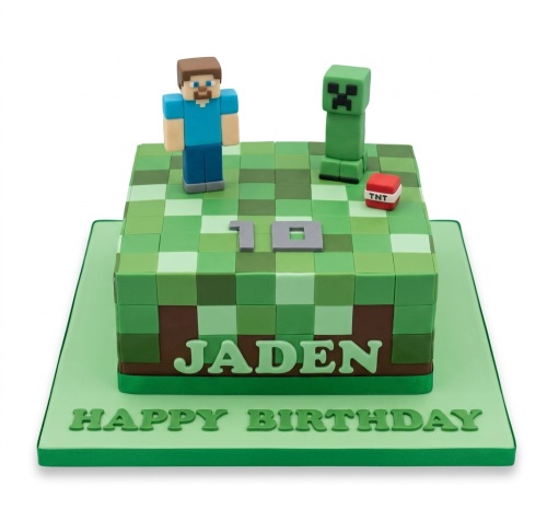 Square Minecraft themed birthday cake with Steve and Creeper figures, custom age topper, and 'Happy Birthday' message.