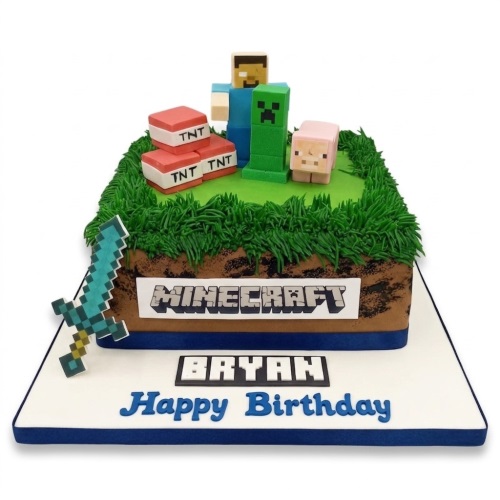 Square Minecraft themed birthday cake with Steve, Creeper, Pig, TNT blocks, and a pixelated sword on top.
