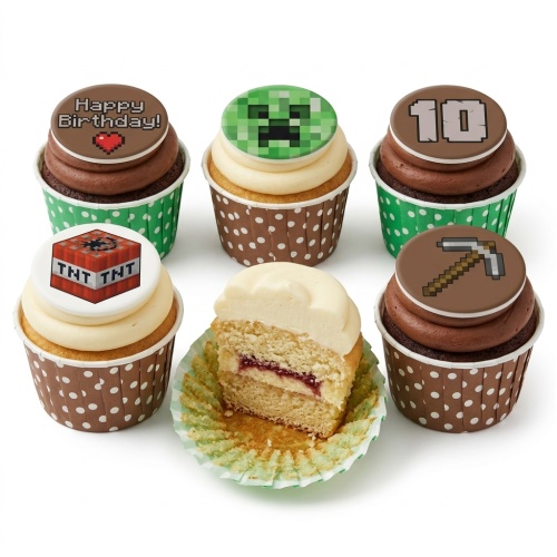 Minecraft themed birthday cupcakes with Creeper, TNT, pickaxe, 'Happy Birthday!' and custom age toppers.
