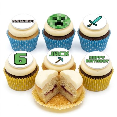Minecraft themed cupcakes with Creeper, sword, pickaxe, and custom age and name toppers.