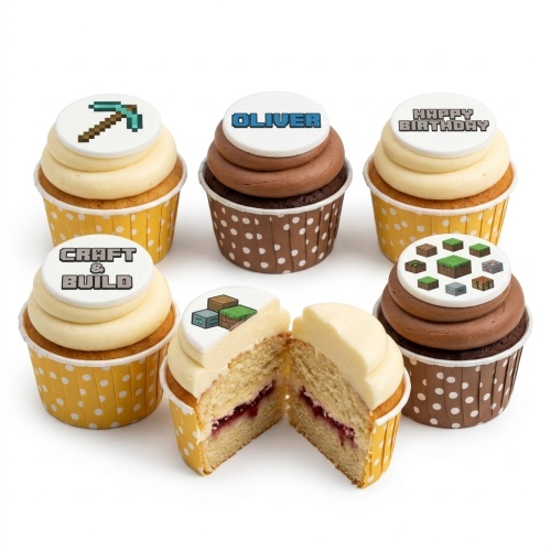 Six Minecraft-themed cupcakes with pickaxe, blocks, and 'CRAFT & BUILD' toppers, some with vanilla and some with chocolate frosting.