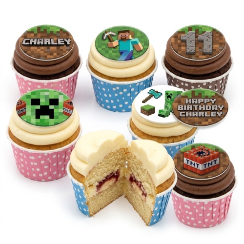 Minecraft themed cupcakes with edible toppers featuring game characters, blocks, and custom age/name options.