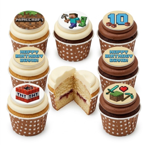 Selection of Minecraft themed birthday cupcakes with game characters, TNT blocks, and custom age/message toppers.