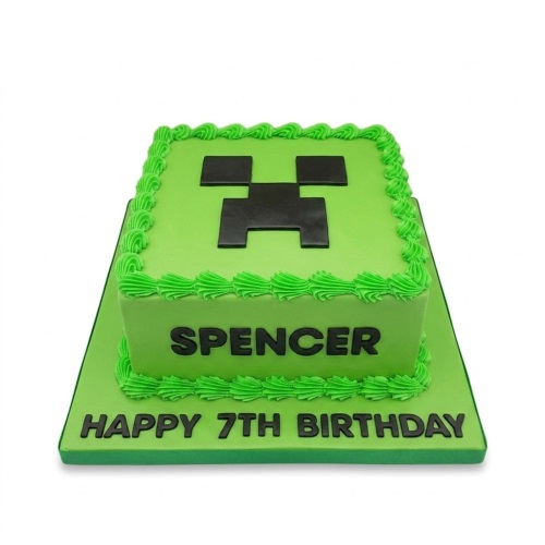 Green square Minecraft Creeper birthday cake with black face and custom name and age.