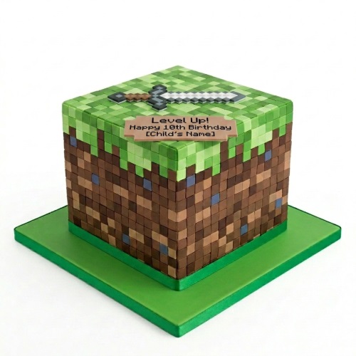 Square Minecraft grass block cake with a pixelated sword and custom message plaque.