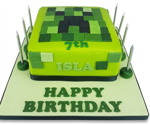 Minecraft Creeper themed rectangular birthday cake with green pixel design and custom age topper.