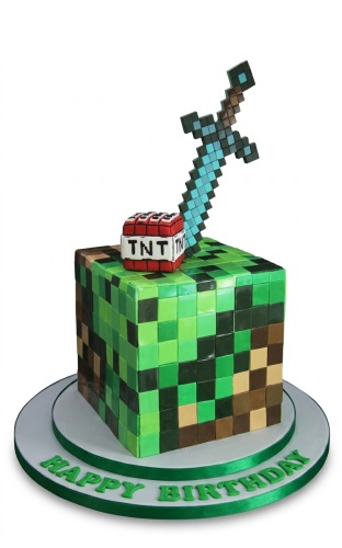 Square Minecraft themed birthday cake with pixelated block design, TNT block, and diamond sword topper.