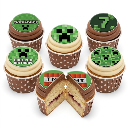 Six Minecraft themed cupcakes with Creeper and TNT toppers, some with chocolate and some with vanilla frosting, in polka dot wrappers.