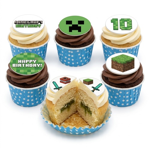 Minecraft themed birthday cupcakes with Creeper, TNT, grass block, and sword toppers, some with 'Happy Birthday' and '10' messages.