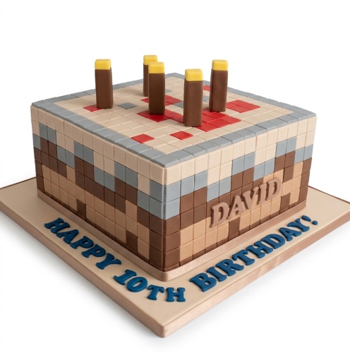 Square Minecraft-themed birthday cake with pixelated blocks, brown pillars, and customisable message.