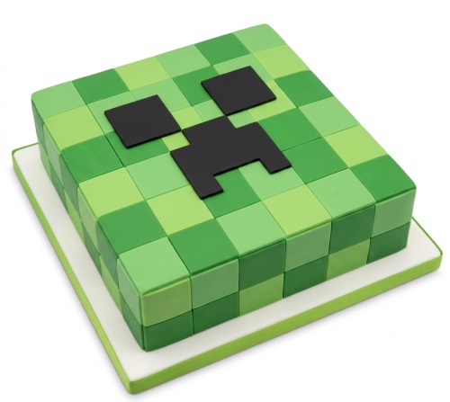 Square Minecraft Creeper birthday cake with green pixelated design and black face.