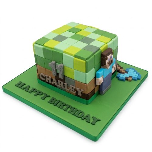 Minecraft themed birthday cake with block design, character, pickaxe, and custom age topper.