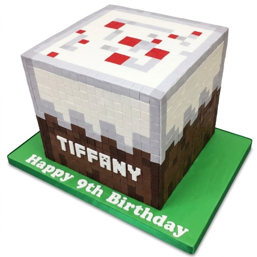 Minecraft style block cake with pixelated design, green board, and custom message area.