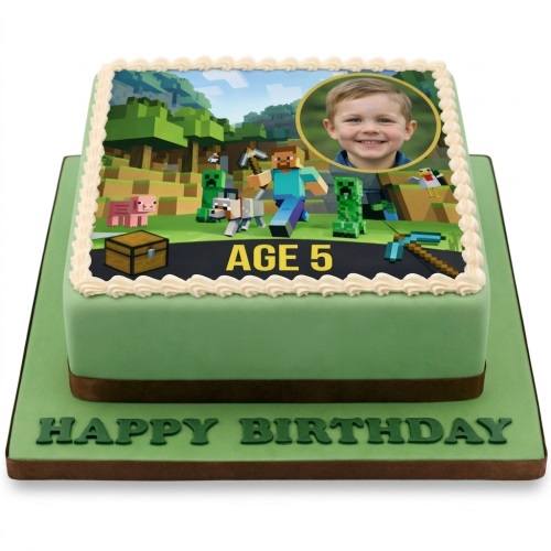 Square Minecraft themed birthday cake with custom photo and age, green icing, and Happy Birthday message.