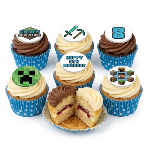 Minecraft themed cupcakes with pixelated toppers including Creeper, tools, blocks, and custom age/message examples.