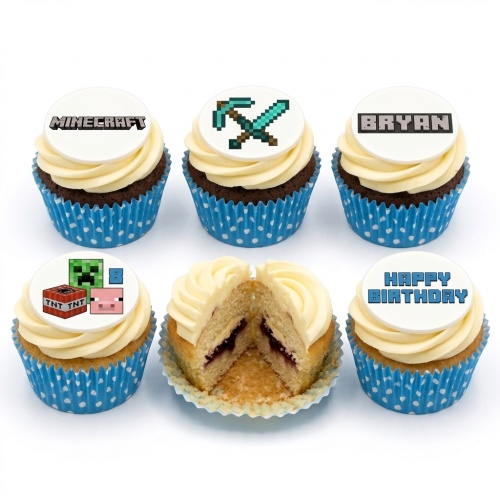 A set of Minecraft themed birthday cupcakes with white frosting and edible pixel art toppers, including game logo, pickaxe, Creeper, TNT, and pig.