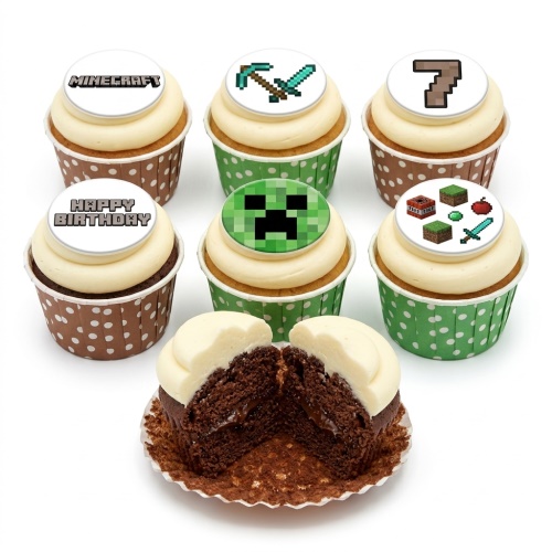 Minecraft themed birthday cupcakes with Creeper, pickaxe, sword, and custom age topper.
