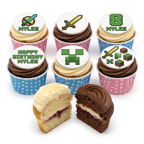 Minecraft themed cupcakes with pixelated sword, Creeper, and custom age toppers.
