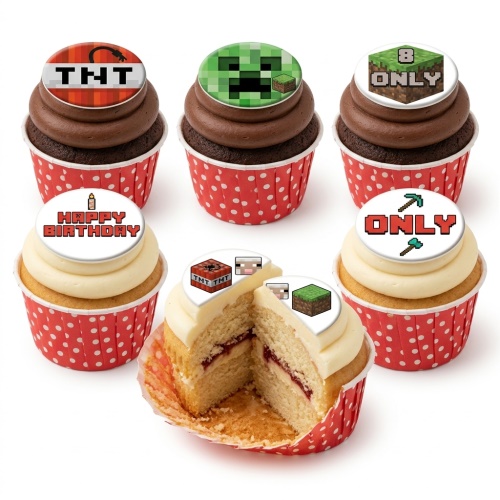Minecraft themed cupcakes with Creeper, TNT, and grass block toppers in red polka dot wrappers.