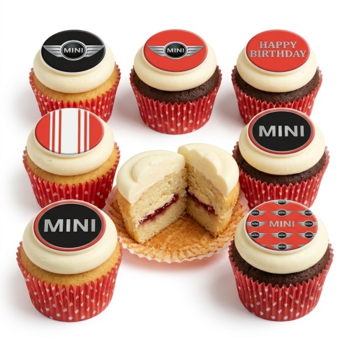 Mini Cooper themed cupcakes with red, black, and white car logo toppers.