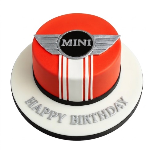 Round red Mini Cooper themed birthday cake with white racing stripes and silver logo.