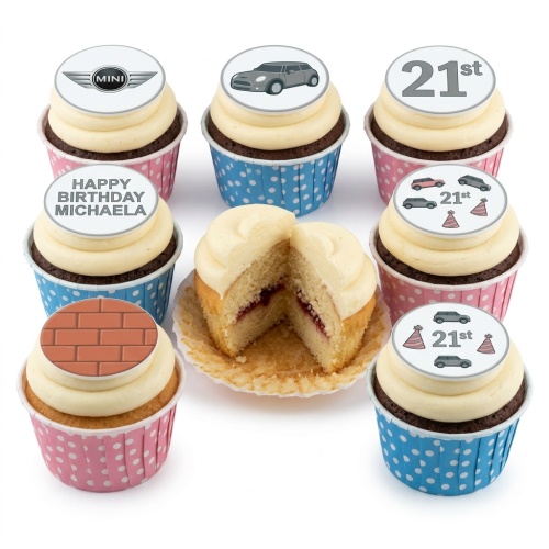 A set of cupcakes with white frosting, some in pink and some in blue polka dot cases. Toppers feature Mini Cooper cars, a Mini logo, a brick pattern, and custom age and birthday messages.