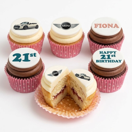Mini Cooper themed birthday cupcakes with car and logo toppers, featuring custom age and name examples.