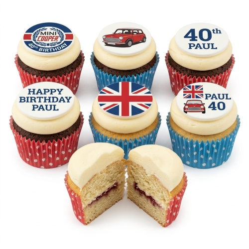 Mini Cooper themed birthday cupcakes with car, logo, Union Jack, and custom age toppers