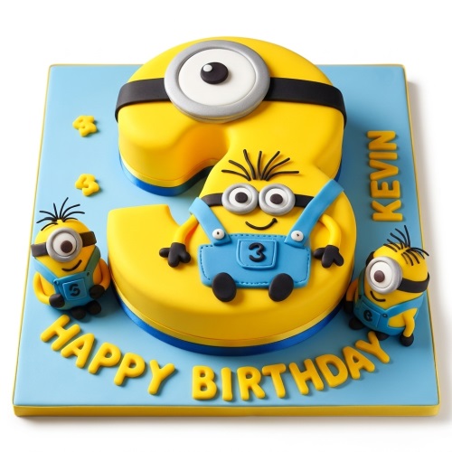 Yellow number shaped cake decorated with Minions characters and custom age topper.