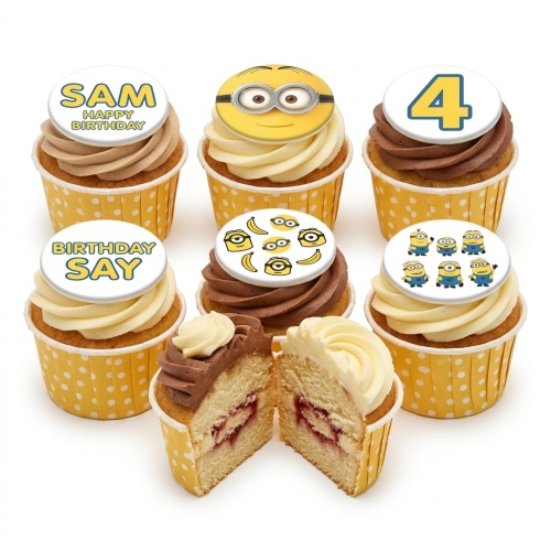 Minions themed birthday cupcakes with yellow and brown frosting, featuring Minion character toppers, bananas, and a custom age number.