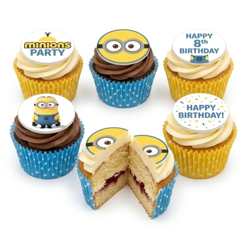 Minions themed birthday cupcakes with yellow and chocolate frosting, blue and yellow cases, and edible Minion toppers.