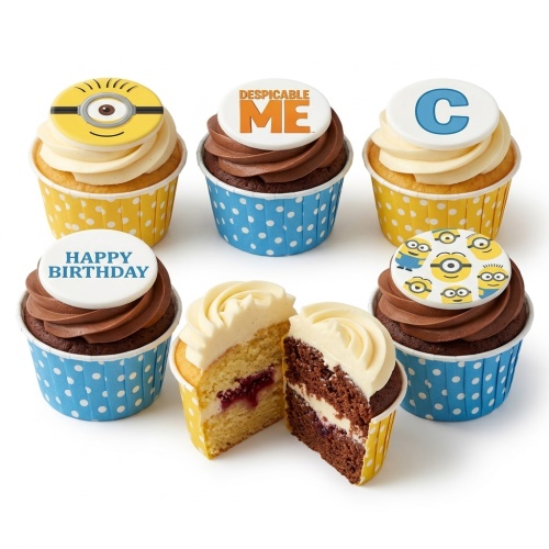 Assortment of Minions themed birthday cupcakes with vanilla and chocolate frosting, featuring Minion character toppers, Despicable Me logo, and a 'Happy Birthday' message.