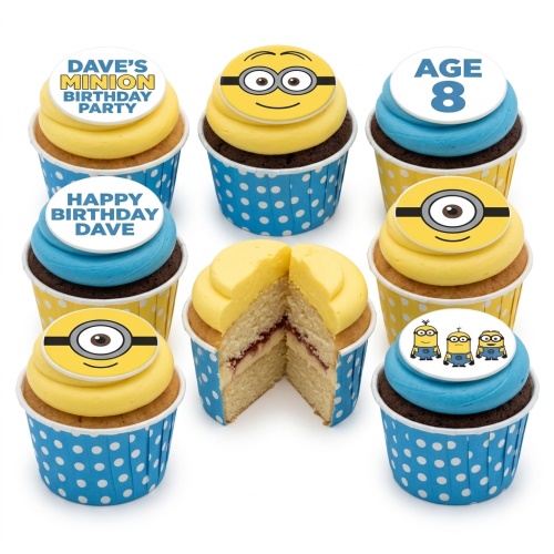 Minion themed cupcakes with yellow and blue frosting, featuring Minion faces and custom age/message toppers.