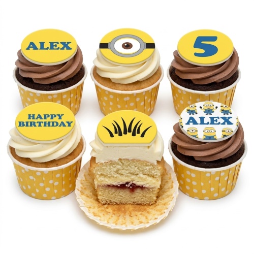 Minion themed birthday cupcakes with yellow and blue toppers, including Minion eye, hair, and custom age and name examples.