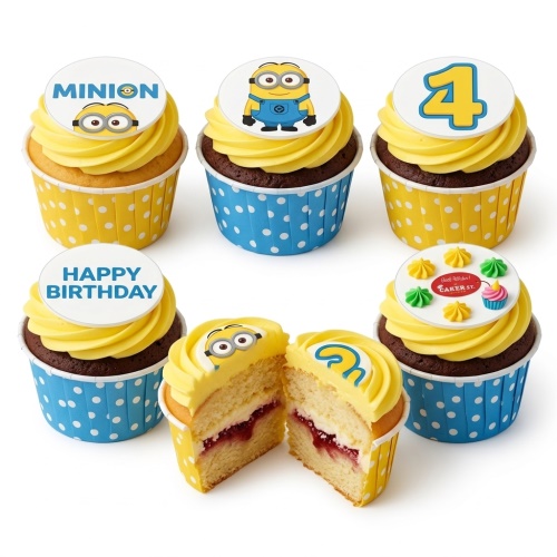 Minions themed birthday cupcakes with yellow frosting, edible Minion toppers, and custom age '4' and 'Happy Birthday' messages.
