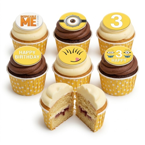 Assortment of Minions and Despicable Me themed birthday cupcakes with custom age topper