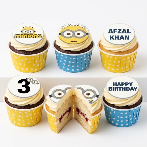 Minions themed cupcakes with character toppers, custom age '3', and personalised name 'Afzal Khan' message examples.