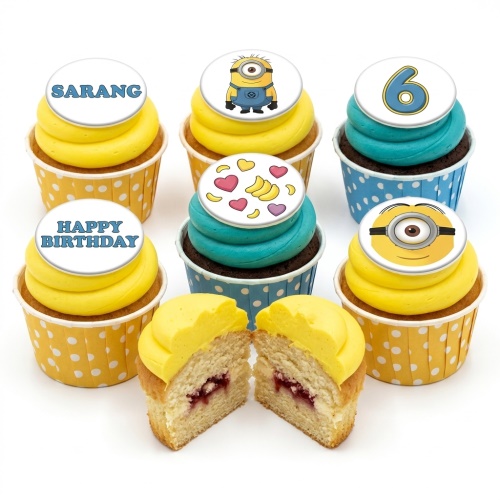 Minions themed cupcakes with yellow and blue frosting, featuring Minion characters, hearts, bananas, and customisable age and name toppers.