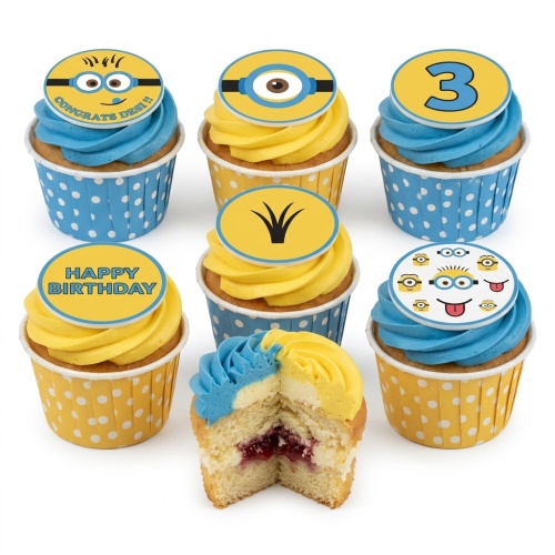 Minion themed birthday cupcakes with yellow and blue frosting, featuring various Minion toppers and a custom age topper.