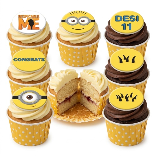 A set of Minions and Despicable Me themed cupcakes with yellow and chocolate icing.