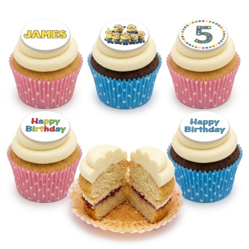 Six Minions themed birthday cupcakes with white frosting, some with custom name and age toppers.