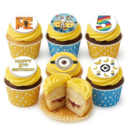 Minions themed birthday cupcakes with yellow frosting and character toppers, including a custom age '5' and 'Happy 5th Birthday' message.